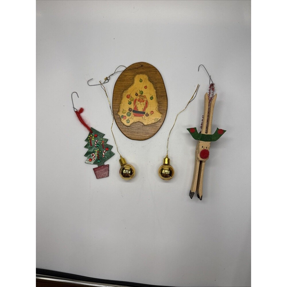 Vintage Christmas Ornament Lot of 5 Wood Santa Reindeer Tree Gold Ornaments